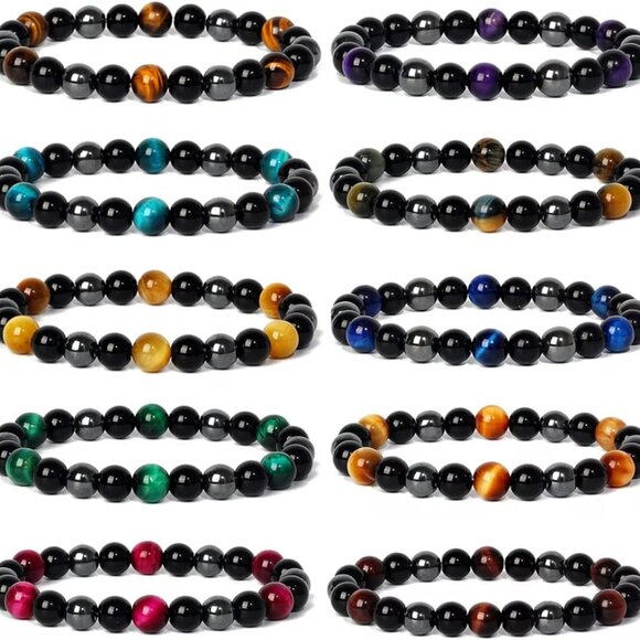 10 pcs Men Women Beaded Bracelets Triple Protection Hematite Obsidian Tiger Eye - Picture 1 of 7